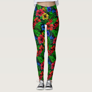 Legging Flor de Hibisco Azul Amarelo Tropical