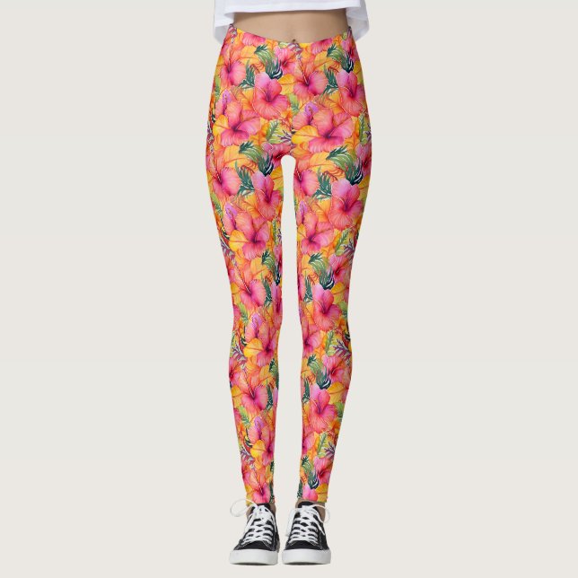 Legging Flor de Hibisco Laranja e Rosa com Folhas Verdes (Frente)