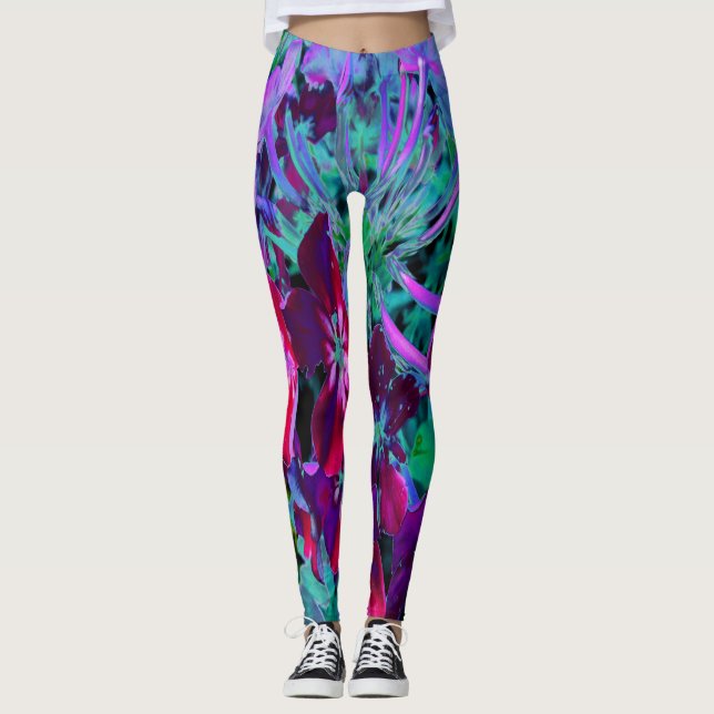 Legging Flor de Jardim Vermelho, Púrpura e Rosa Dramática (Frente)