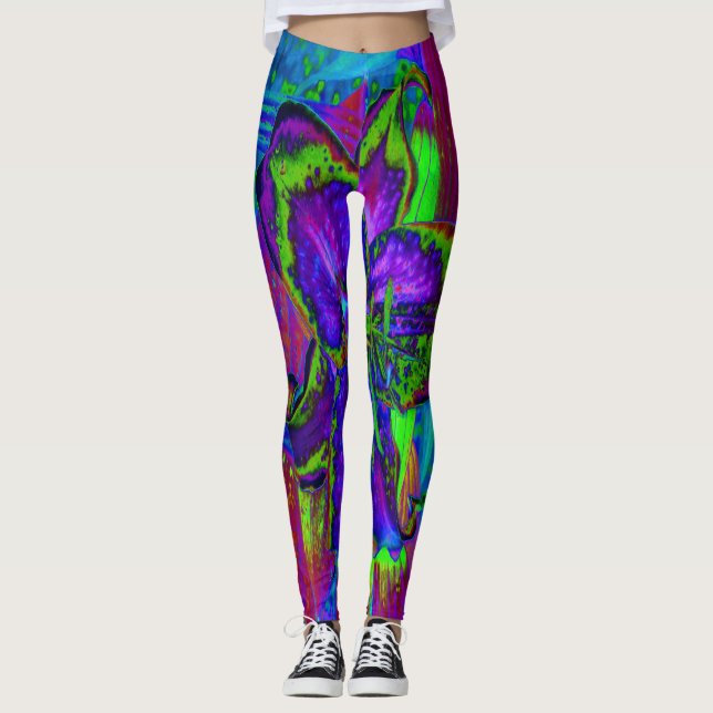 Legging Flor de Lírio Roxa Psicodélica e Verde Lima (Frente)