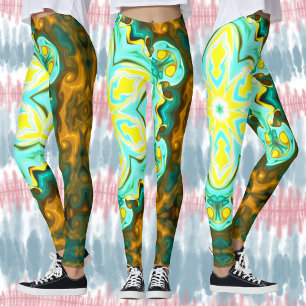 Legging Flor de Mandala Psicodélico Teal e Amarelo