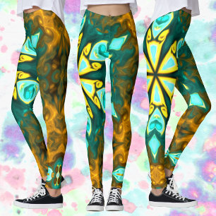 Legging Flor de Mandala Psicodélico Teal e Amarelo
