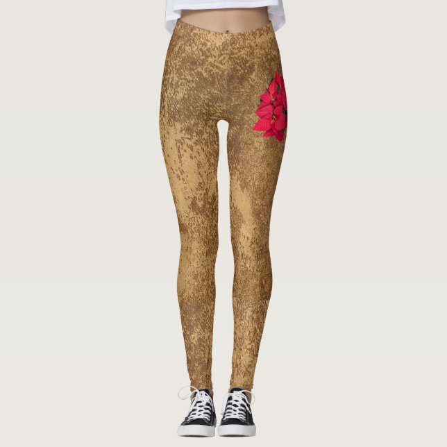 Legging Flor de Natal vermelha em papel dourado abstrato (Frente)