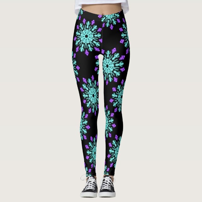 Legging Flor de néon roxa e turquesa (Frente)