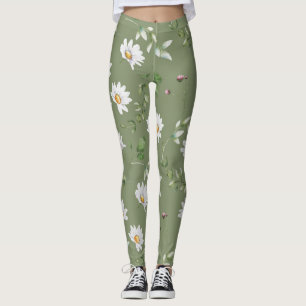 Legging Flor de pétala branca sobre fundo verde-oliva