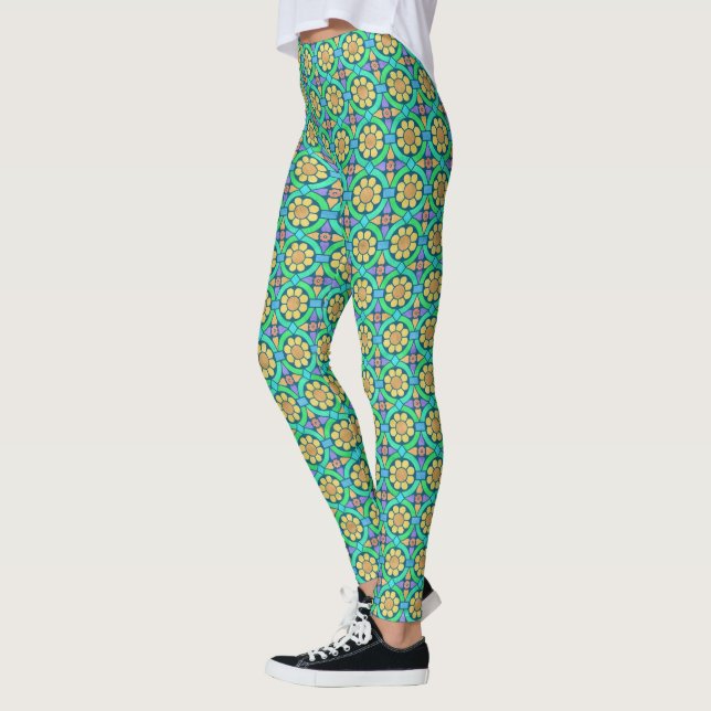 Legging Flor Floral Padrão Geométrico Verde Amarelo-Amarel (Esquerda)