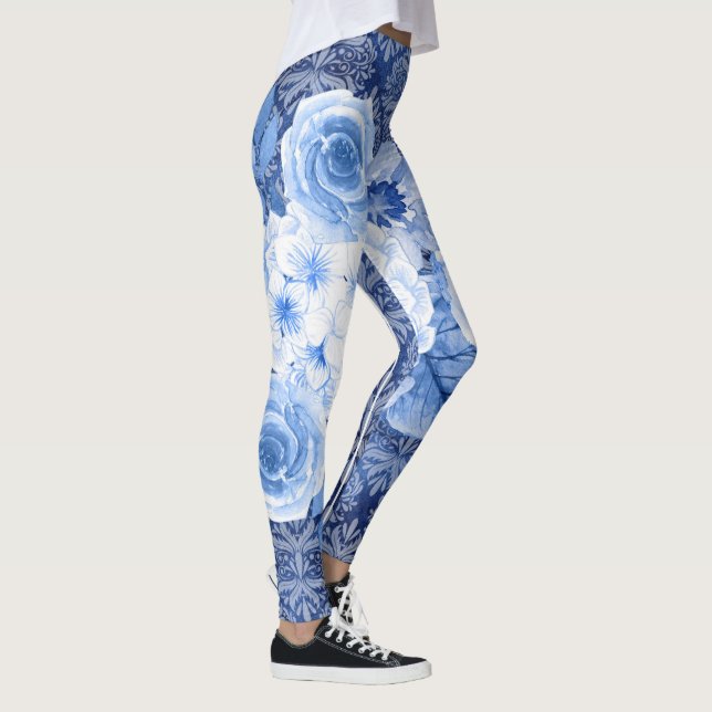 Legging Flor no estilo! Impressão de Flor Azul-Chic (Direita)