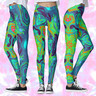 Legging Flor Verde Azul e Vermelho, Flor Mandala Psicodéli
