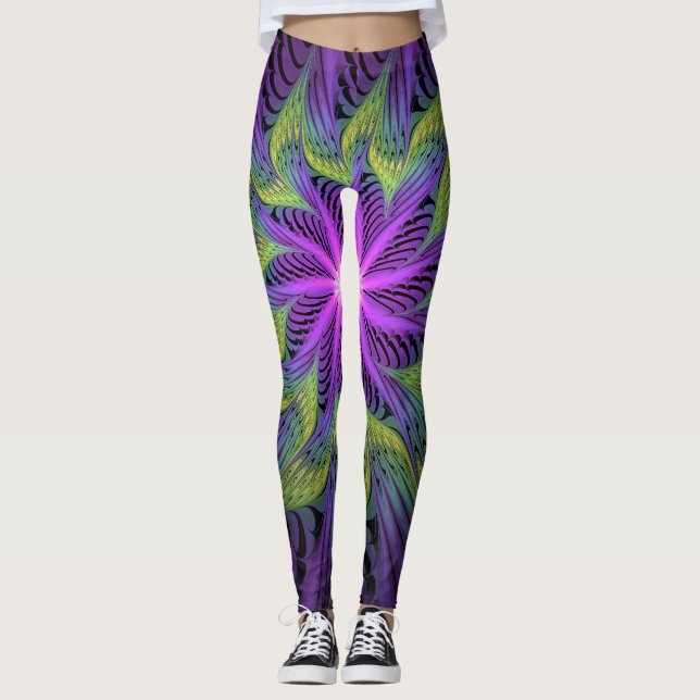 Legging Flor Verde Roxo, Abstrato, Arte Fractal (Frente)