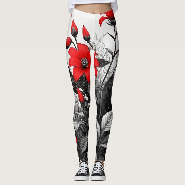 Legging Flor Vermelha Na Planta Branca Preta (Frente)