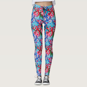 Legging Flor Vermelho Elegante Azul E Branco