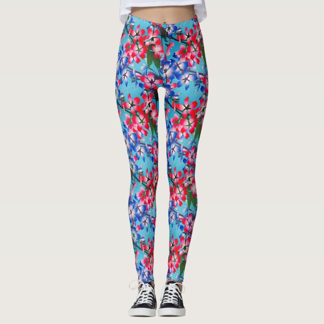 Legging Flor Vermelho Elegante Azul E Branco (Frente)