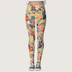 Legging Flora vibrante vermelha, amarela e azul sobre o br