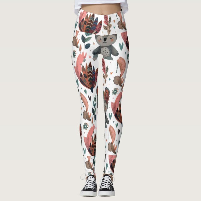 Legging florais e folhas bonitinhas de rabisco (Frente)