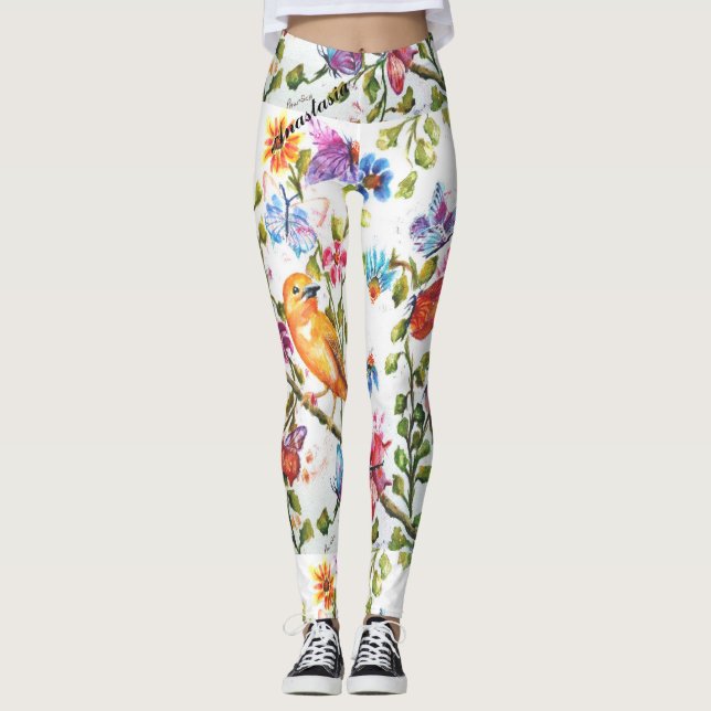LEGGING FLORAIS QUÍMICOS COM PÁSSARO AMARELO (Frente)