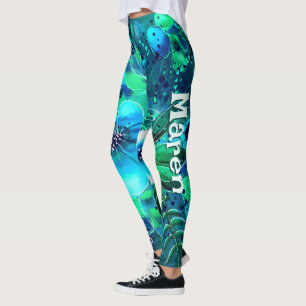 Legging Floral Abstrato Azul Turquesa Verde Personalizado