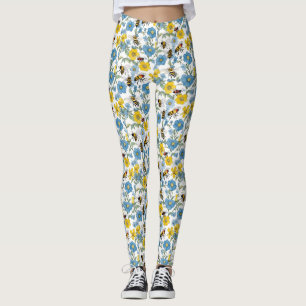 Legging Floral azul e amarelo com abelhas brancas