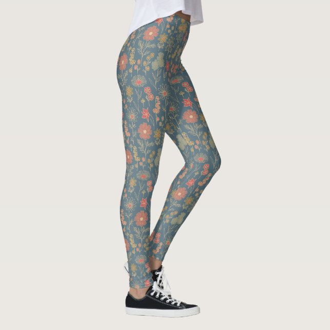Legging Floral Azul e Coral Moderno Denim (Direita)