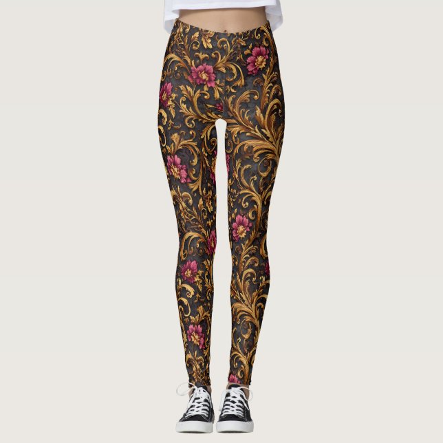 Legging Floral Barroco Escuro com Rolos Dourados (Frente)