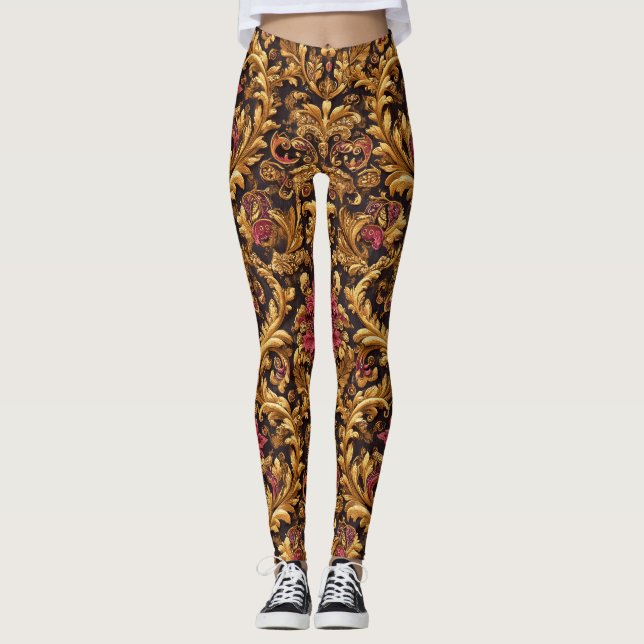 Legging Floral Barroco Real com Ornamento Dourado (Frente)
