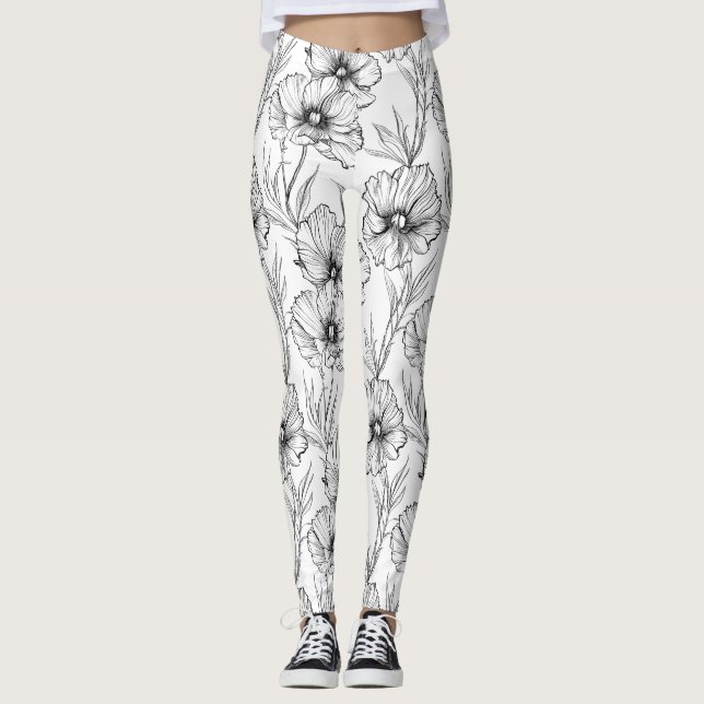 Legging Floral Branco e Preto Moderno (Frente)
