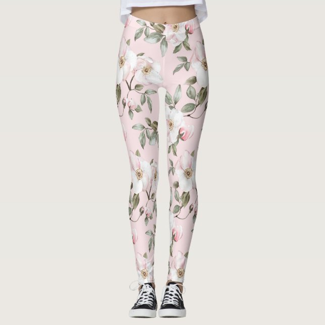 Legging Floral Branco Rosa bonito (Frente)