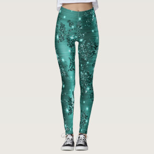 Legging Floral de Brilho e Folha de Teal Elegante