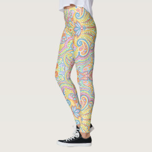 Legging Floral de Paisley Branco, Púrpura, Cor-de-rosa, az