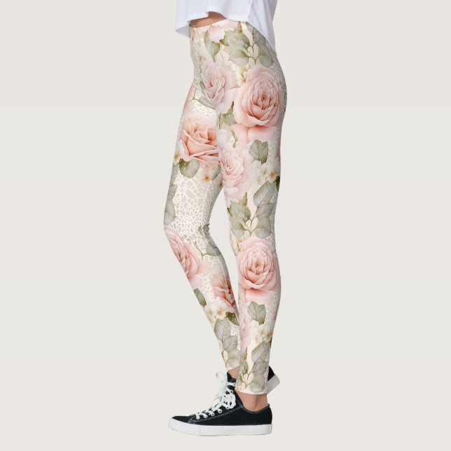 Legging Floral de Rosas Rosa Escamosas Creme (Esquerda)