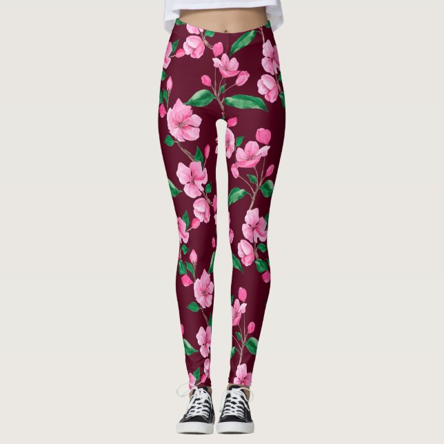 Legging Floral do Flor de Cereja Rosa (Frente)