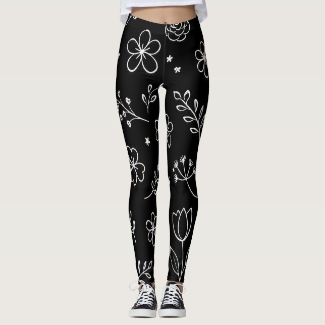Legging Floral Doodle Preto e Branco (Frente)
