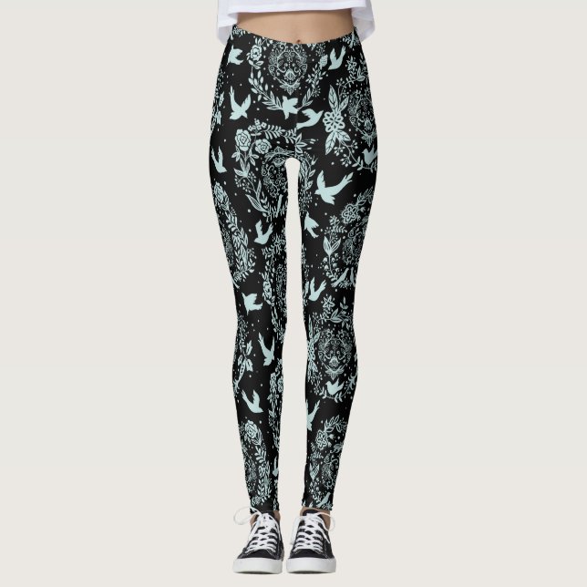 Legging Floral e Aves Pretas e Verde (Frente)