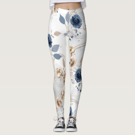 Legging Floral Elegante Azul Marinho e Bege em Aqu