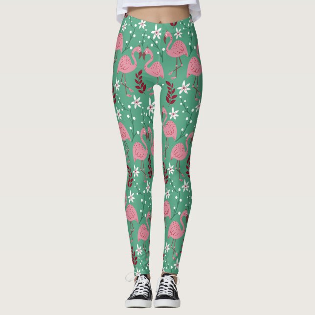 Legging Floral flamingo sem costura, padrão rosa verde (Frente)