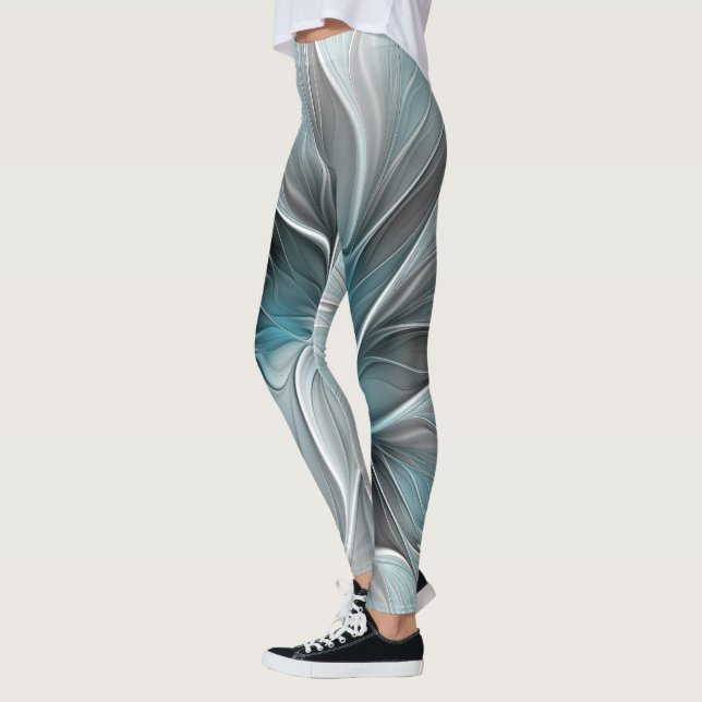Legging Floral Fractal Moderno Abstrato Flor Azul Cinza (Esquerda)