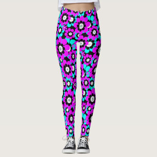 Legging Floral Neon Patterno Roxo e Flores Turquesas