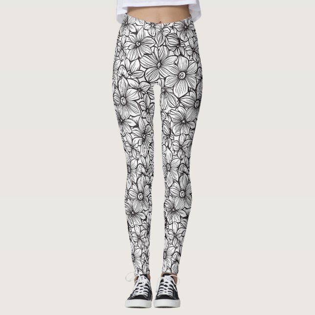 Legging Floral Preto Branco (Frente)