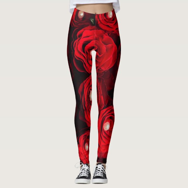 Legging Floral preto das rosas vermelhas (Frente)