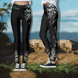 Legging Floral Preto e Branco Desenhado à Mão  