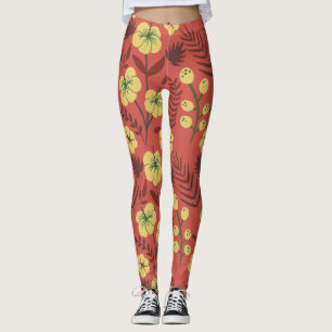 Legging Floral sem costura, flores amarelas e vermelhas
