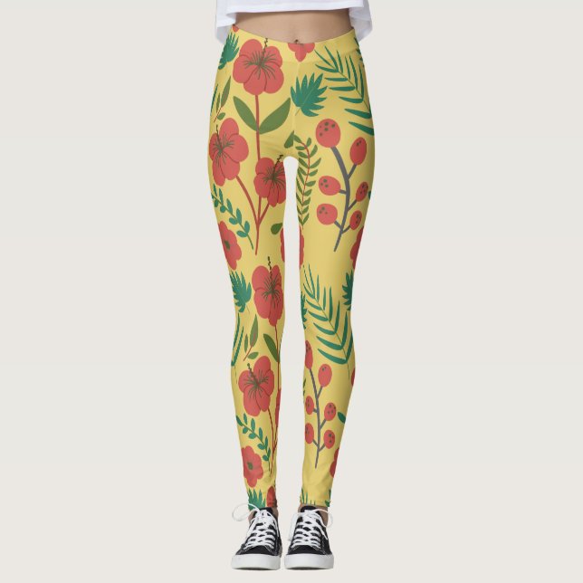 Legging Floral, sem costura, flores amarelas vermelhas (Frente)