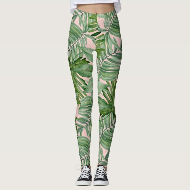 Legging Floral Tropical de Folha Rosa Simples Folha de Pal (Frente)