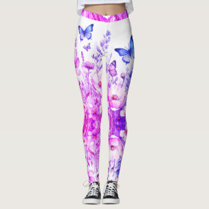Legging Floral Vibrante e Borboleta Brilhante Púrpura Rosa