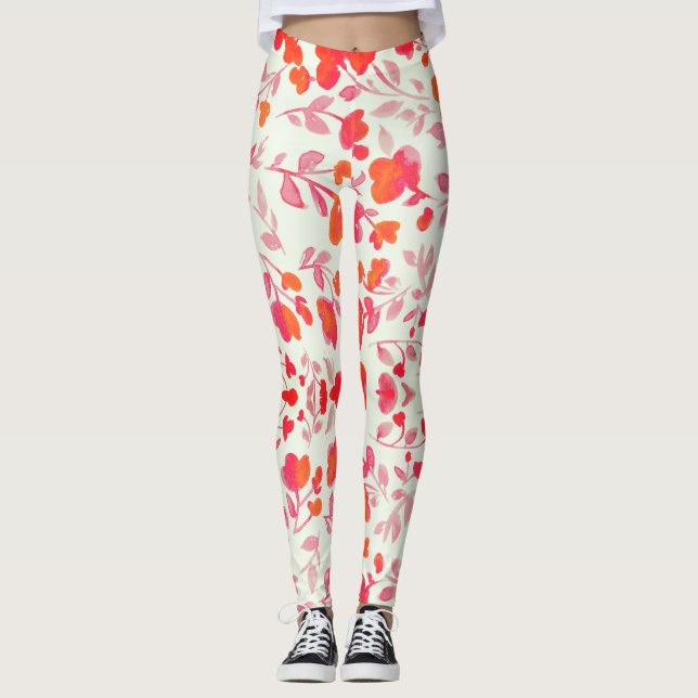 Legging Floreal vermelho suave, sem costura, em branco (Frente)