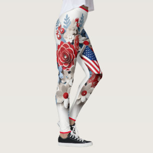 Legging Flores 3D Patrióticas Brancas Vermelhas e Azuis
