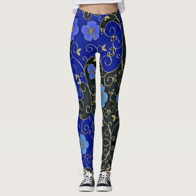 Legging Flores Azuis Elegantes Com Folhas Douradas E Enxer (Frente)