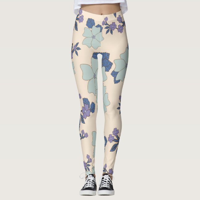 Legging Flores Azuis, Flores Roxas, Padrão Floral (Frente)