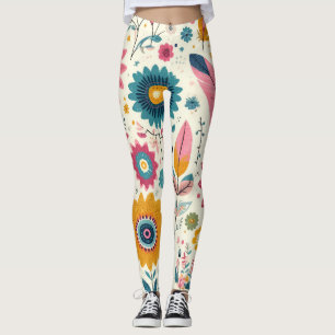Legging Flores Boêmias Fofo Impressão de Penas