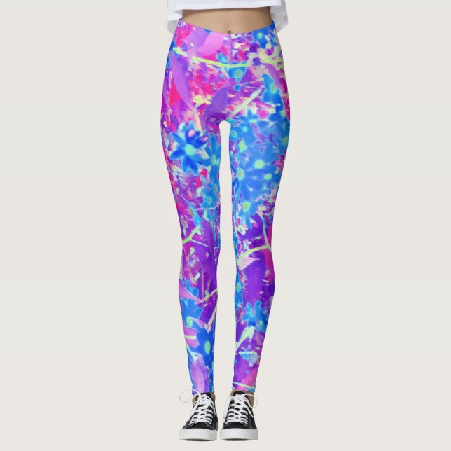 Legging Flores bonito de Azul Violeta e Verde limão (Frente)