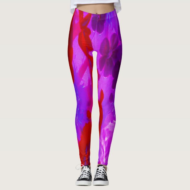 Legging Flores bonito de Phlox Roxo e Jardim Vermelho (Frente)